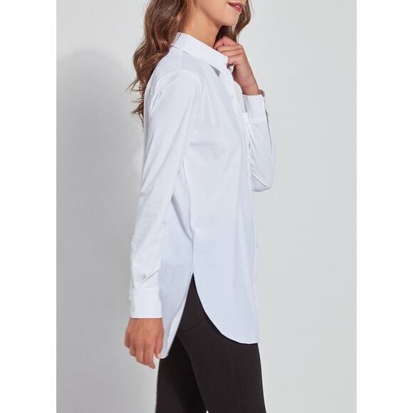 LYSSÉ Schiffer Button Down Shirt Size L White Stretch Top Staple Timeless Career - Picture 4 of 14